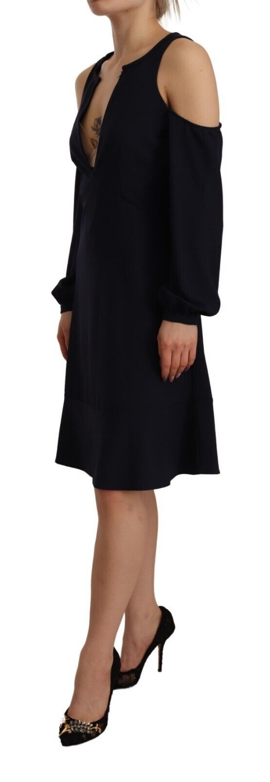 Twinset Schwarzes Kleid mit langen Ärmeln und offenen Schultern in A-Linie