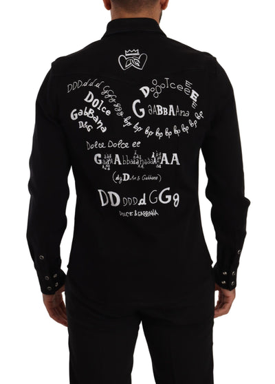 Dolce & Gabbana Schwarzes Slim Cotton Denim Stretch Hemd