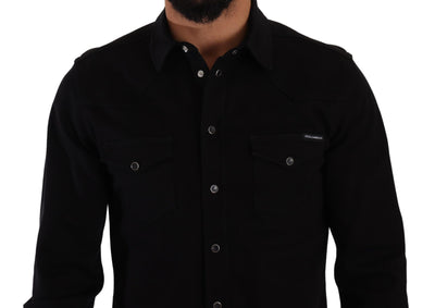 Dolce & Gabbana Schwarzes Slim Cotton Denim Stretch Hemd