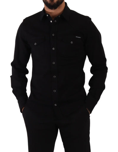 Dolce & Gabbana Schwarzes Slim Cotton Denim Stretch Hemd