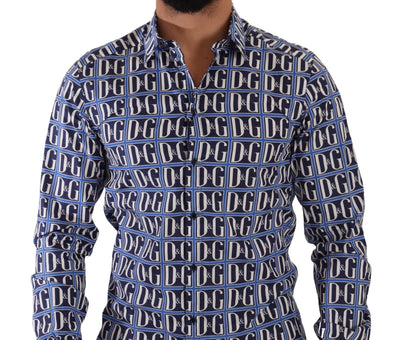 Dolce & Gabbana Blaues Logo Mania Slim Fit Baumwollhemd