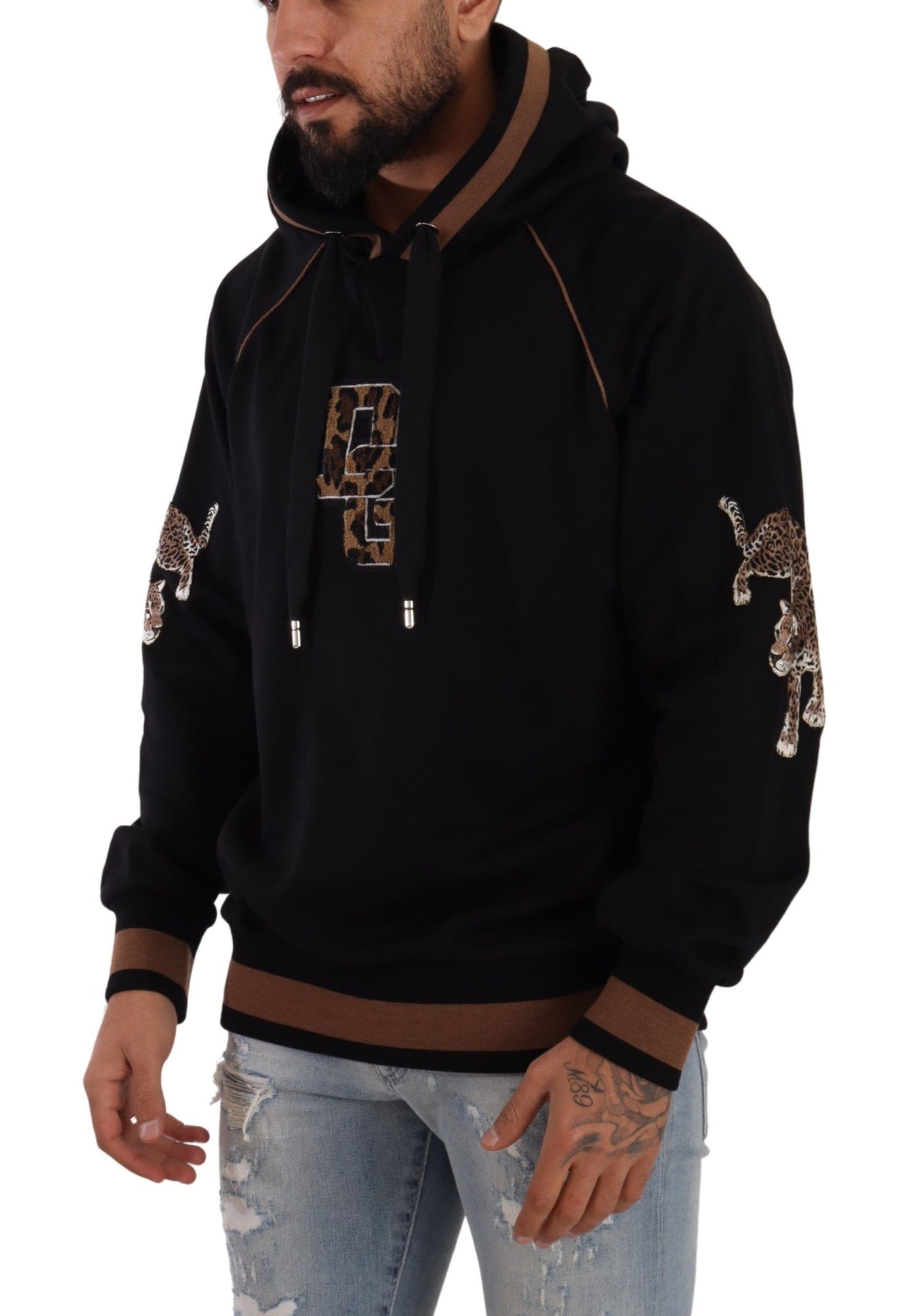 Dolce & Gabbana Schwarzer brauner Leopard Pullover mit Kapuze aus Baumwolle