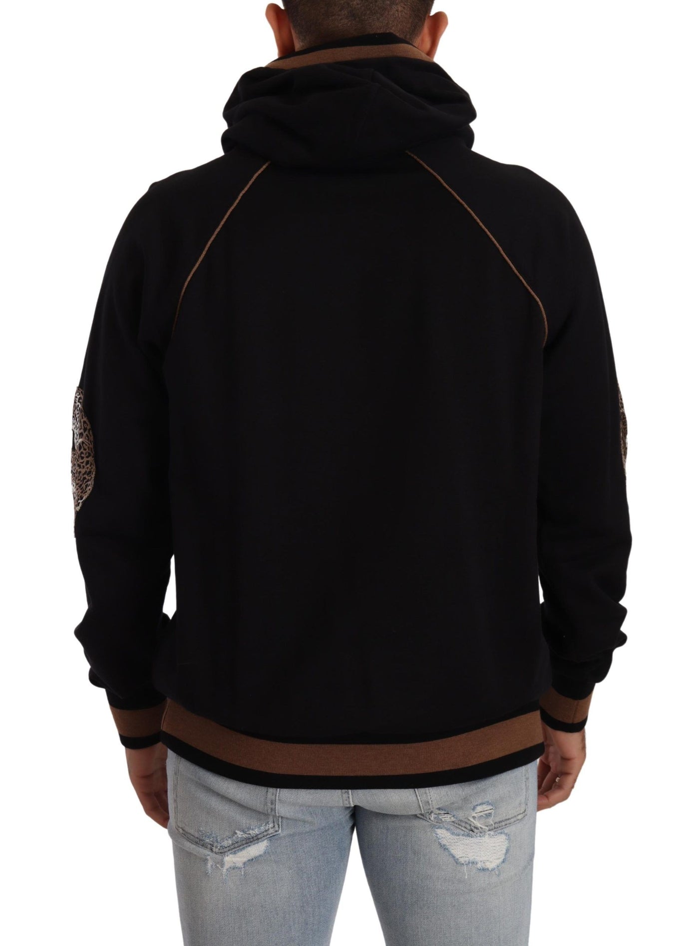 Dolce & Gabbana Schwarzer brauner Leopard Pullover mit Kapuze aus Baumwolle