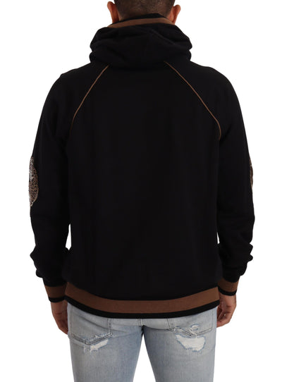 Dolce & Gabbana Schwarzer brauner Leopard Pullover mit Kapuze aus Baumwolle
