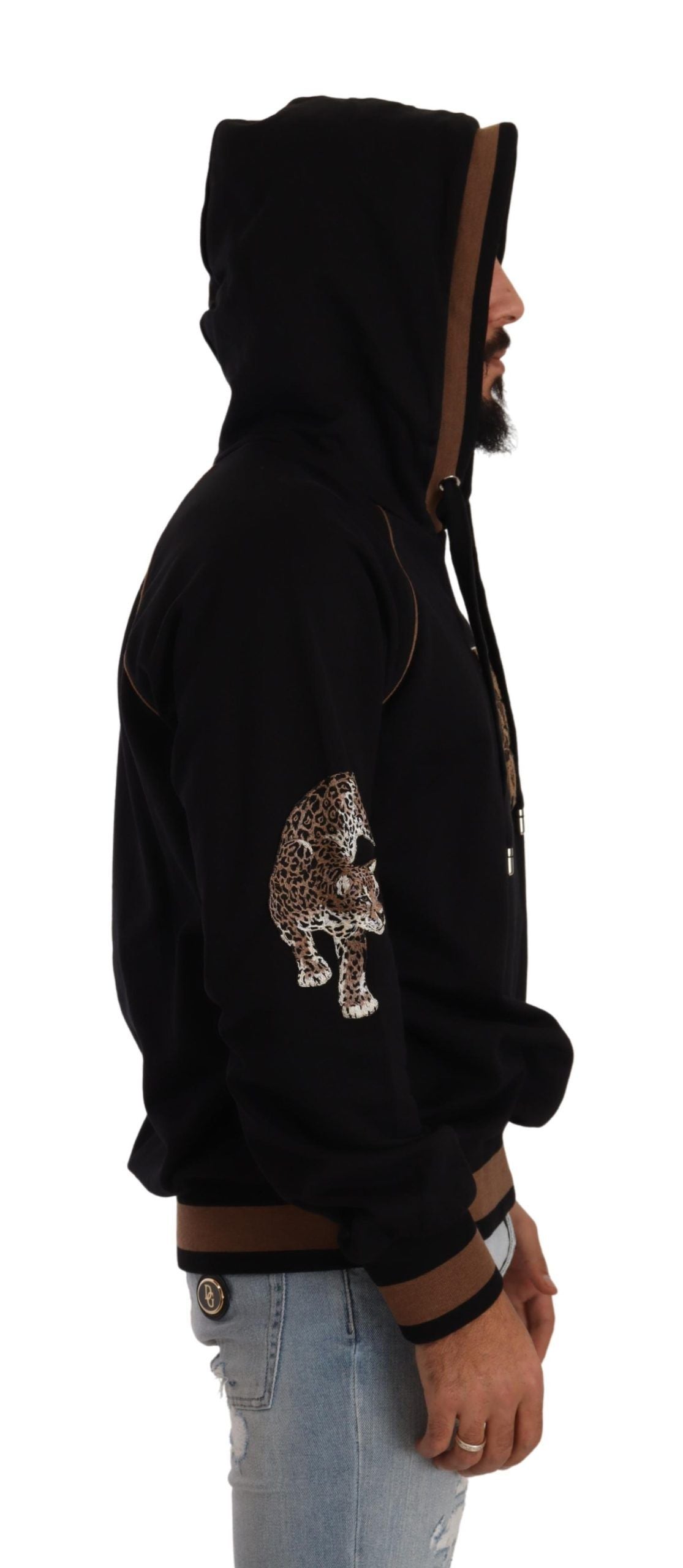 Dolce & Gabbana Schwarzer brauner Leopard Pullover mit Kapuze aus Baumwolle