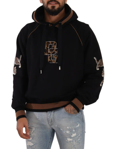 Dolce & Gabbana Schwarzer brauner Leopard Pullover mit Kapuze aus Baumwolle