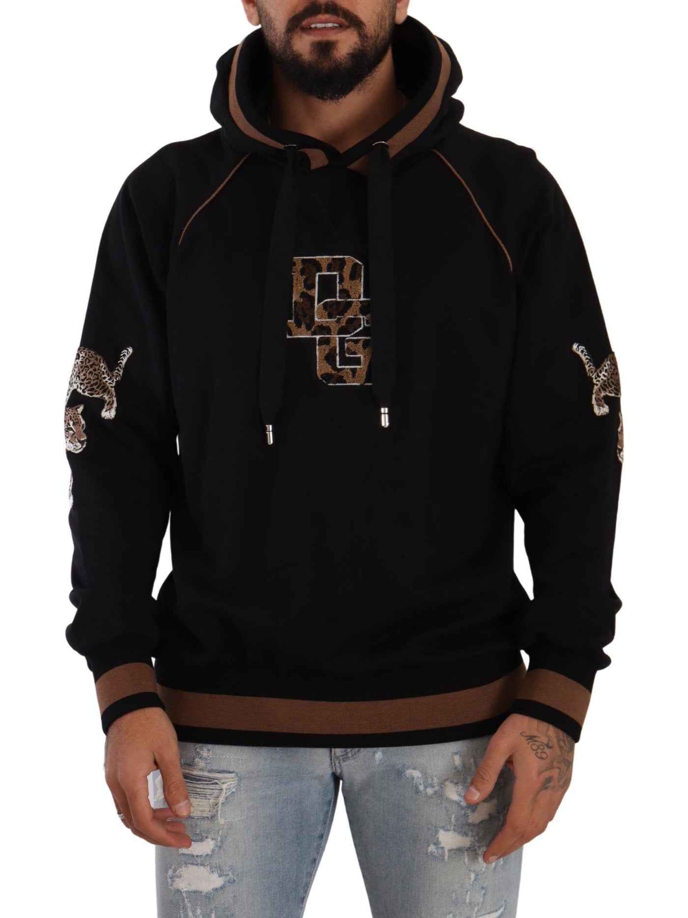 Dolce & Gabbana Schwarzer brauner Leopard Pullover mit Kapuze aus Baumwolle