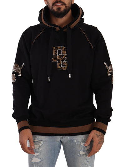 Dolce & Gabbana Schwarzer brauner Leopard Pullover mit Kapuze aus Baumwolle