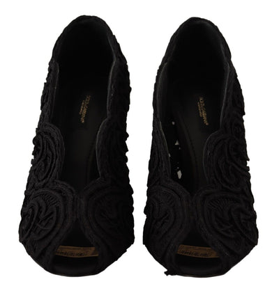 Dolce & Gabbana Schwarze Cordonetto Ricamo Pumps Offene Zehen Schuhe