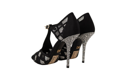Dolce & Gabbana Schwarz Kristalle T-strap Heels Pumps Schuhe