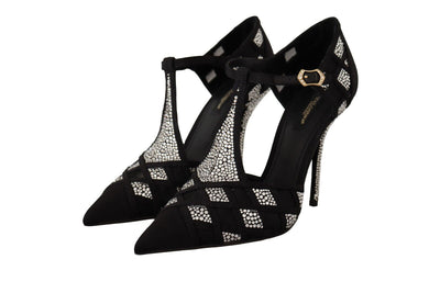 Dolce & Gabbana Schwarz Kristalle T-strap Heels Pumps Schuhe