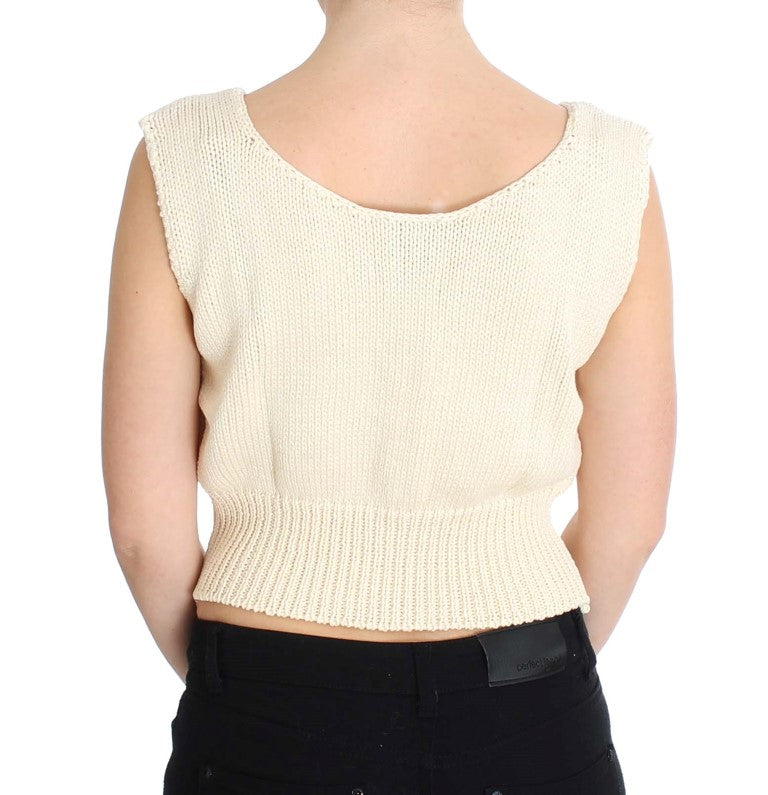 PINK MEMORIES Beigefarbener ärmelloser Strickpullover aus Baumwollmischung