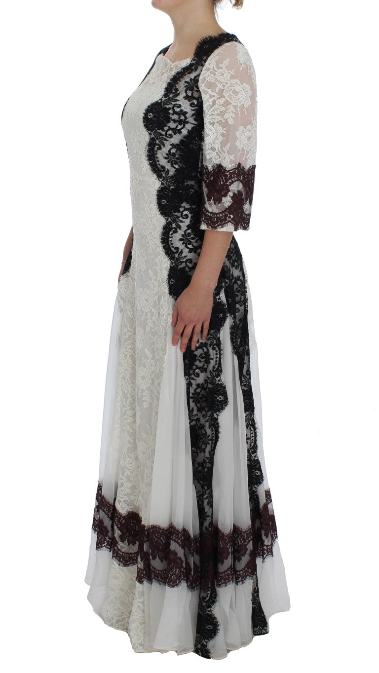 Dolce & Gabbana Weißes geblümtes Spitzenkleid in voller Länge