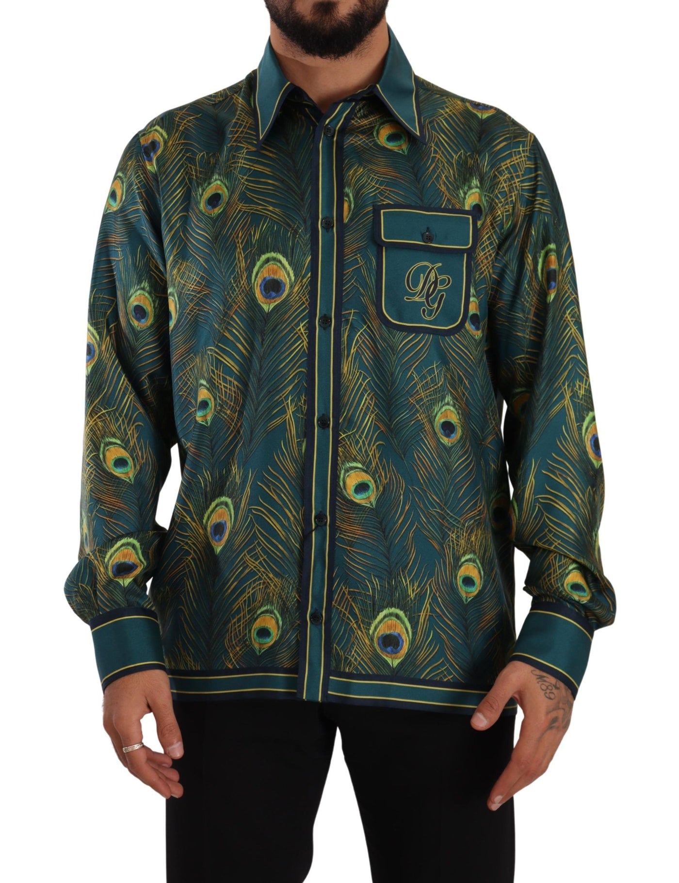 Dolce & Gabbana Pfauenfeder Print Seidenpyjama Herrenhemd