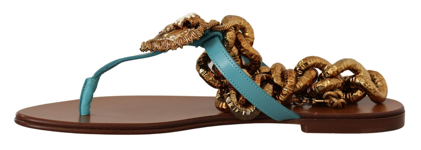 Dolce & Gabbana Blaue Leder Devotion Flats Sandalen