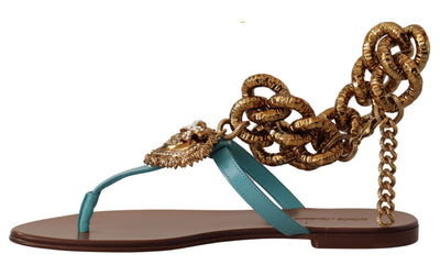 Dolce & Gabbana Blaue Leder Devotion Flats Sandalen