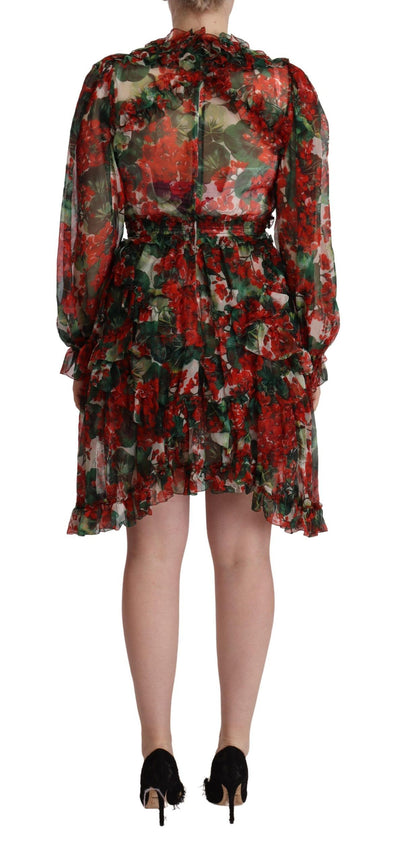 Dolce & Gabbana Multicolor Rotes Florales Langes Seidenkleid