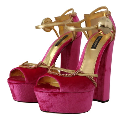 Dolce & Gabbana Rosa Samt Kristall-Knöchelriemen-Sandalen Schuhe