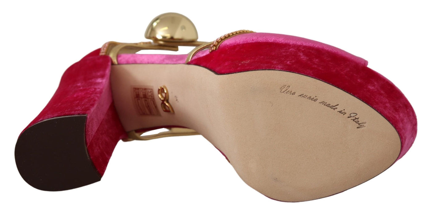 Dolce & Gabbana Rosa Samt Kristall-Knöchelriemen-Sandalen Schuhe
