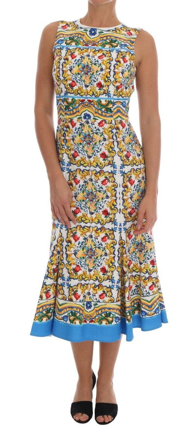Dolce & Gabbana Weißes ärmelloses Majoilca Etuikleid in A-Linie