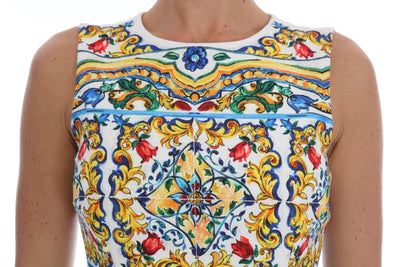 Dolce & Gabbana Weißes ärmelloses Majoilca Etuikleid in A-Linie