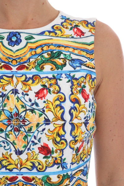 Dolce & Gabbana Weißes ärmelloses Majoilca Etuikleid in A-Linie