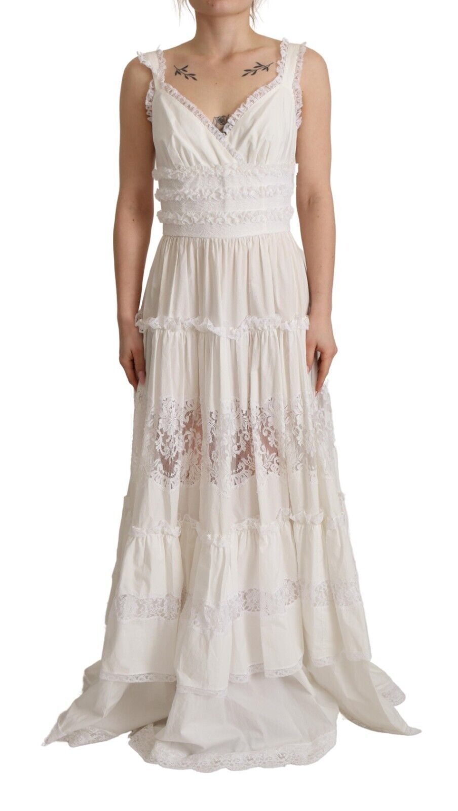 Dolce & Gabbana Weißes gestuftes langes Maxikleid in A-Linie aus Baumwolle