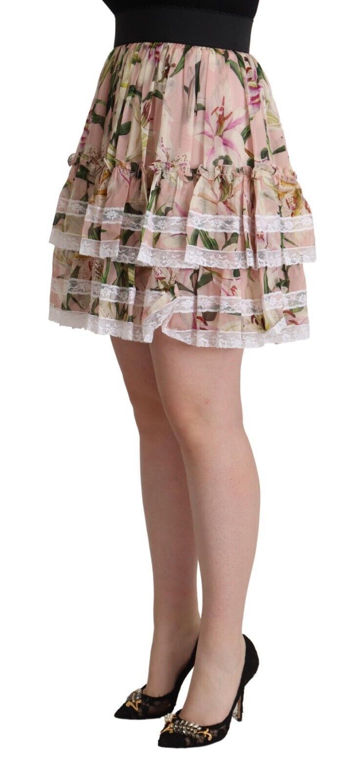 Dolce & Gabbana Rosa Lilienprint Seiden-Minirock in A-Linie
