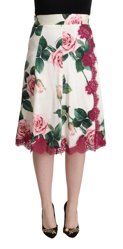 Dolce & Gabbana Weißer Rosenprint Midi-Rock mit hoher Taille und A-Linie