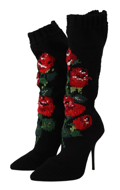 Dolce & Gabbana Schwarze Stretch-Socken Rote Rosen Booties Schuhe