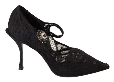 Dolce & Gabbana Schwarz Spitze Kristalle Heels Mary Jane Pumps Schuhe