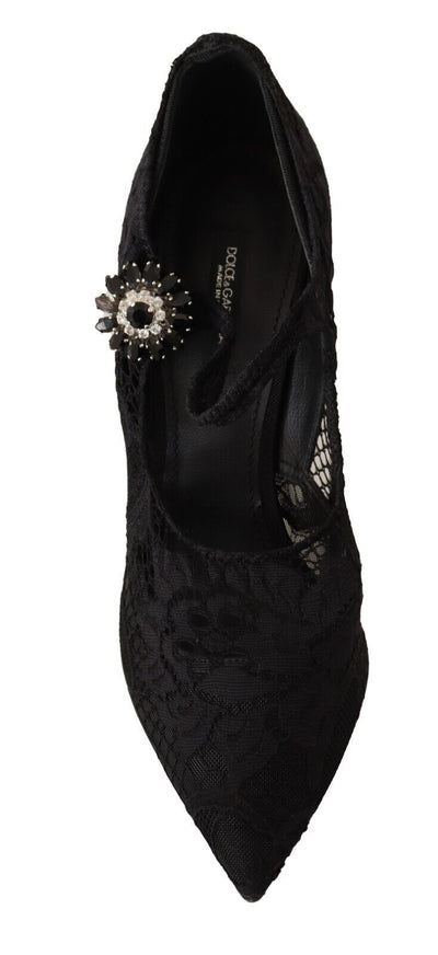 Dolce & Gabbana Schwarz Spitze Kristalle Heels Mary Jane Pumps Schuhe