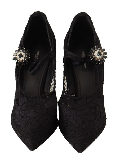 Dolce & Gabbana Schwarz Spitze Kristalle Heels Mary Jane Pumps Schuhe