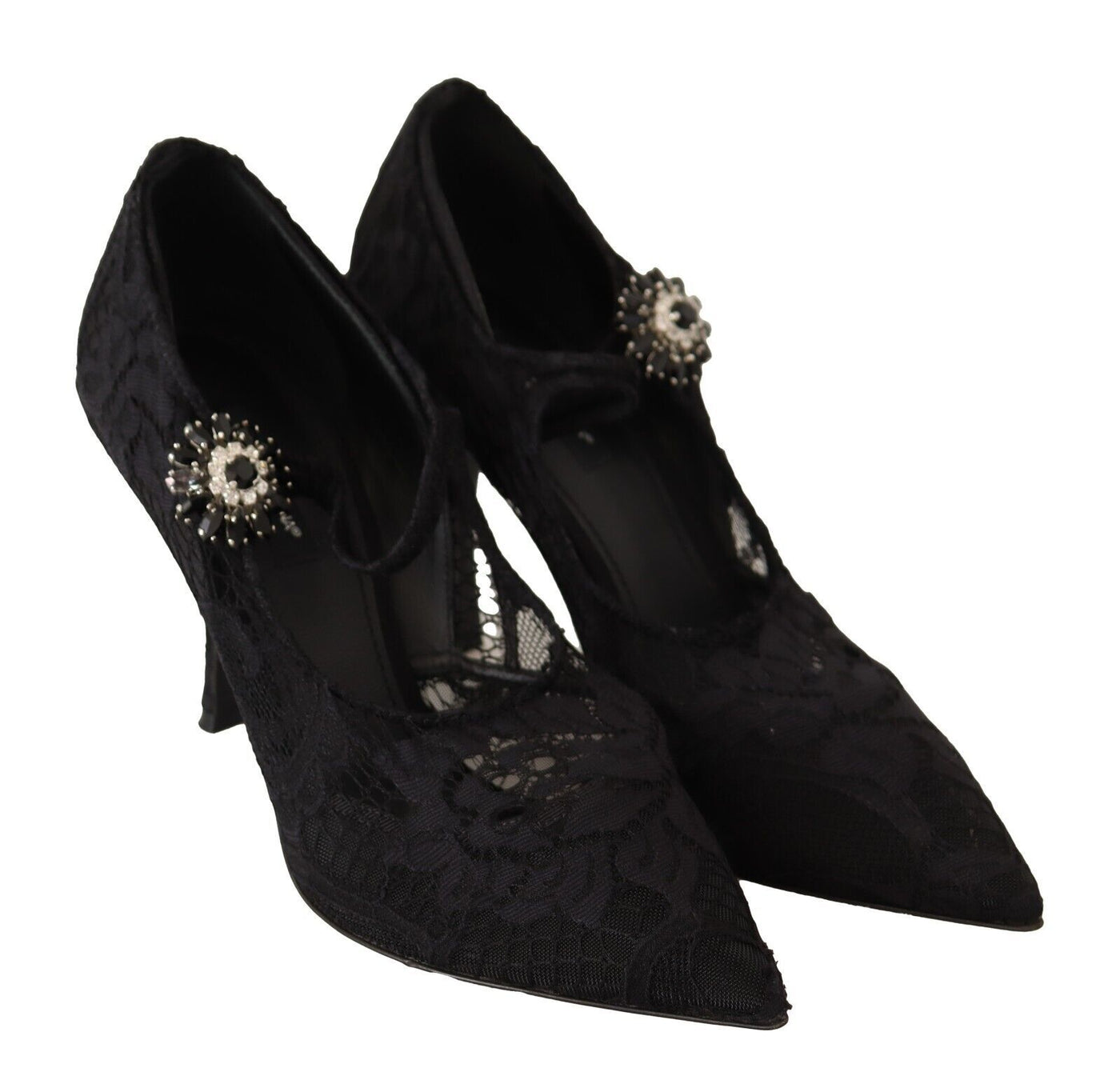 Dolce & Gabbana Schwarz Spitze Kristalle Heels Mary Jane Pumps Schuhe