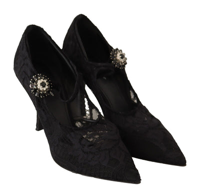Dolce & Gabbana Schwarz Spitze Kristalle Heels Mary Jane Pumps Schuhe