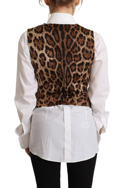 Dolce & Gabbana Braunes kariertes Leopardentop mit V-Ausschnitt und ärmelloser Weste