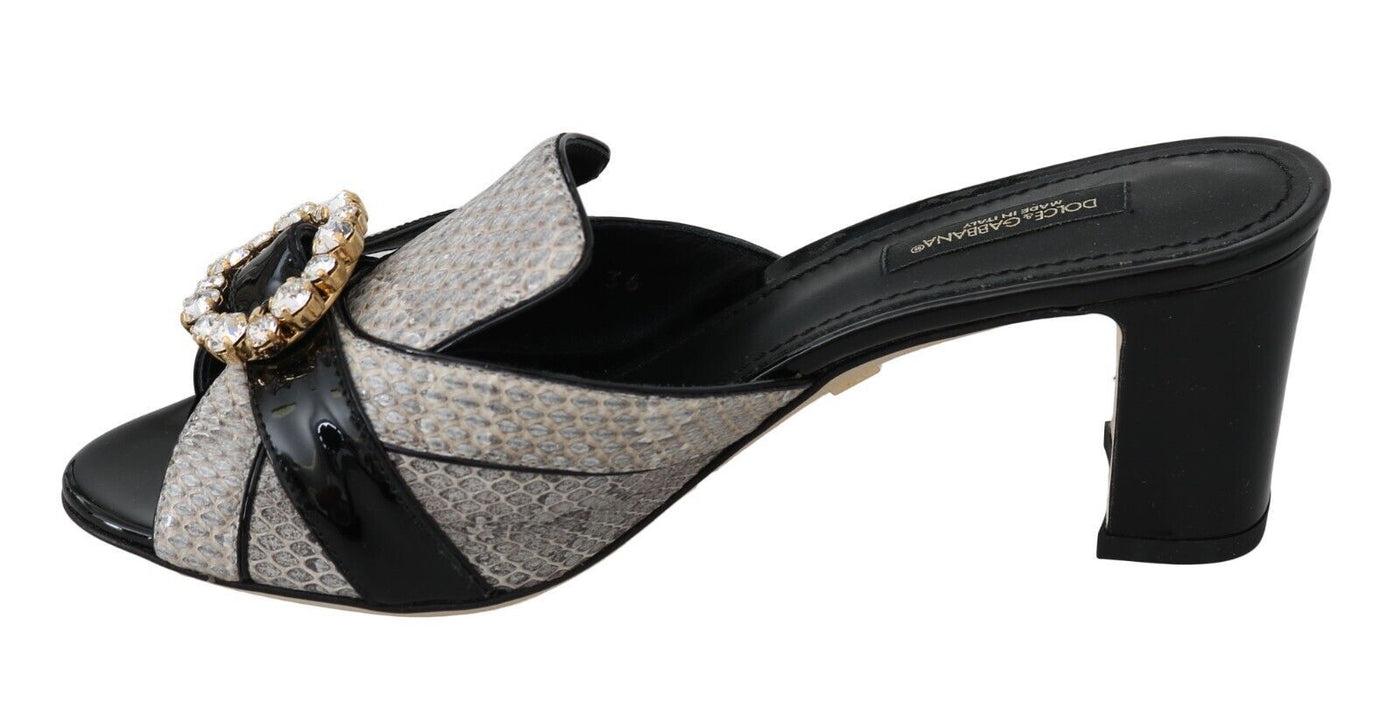 Dolce & Gabbana Schwarz Grau Exotisches Leder Kristalle Sandalen Schuhe