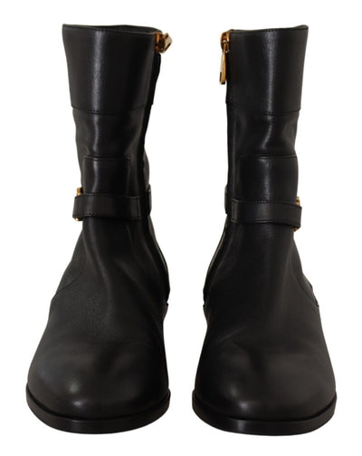 Dolce & Gabbana Schwarzes Leder Flats Logo Kurze Stiefel Schuhe