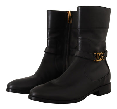 Dolce & Gabbana Schwarzes Leder Flats Logo Kurze Stiefel Schuhe