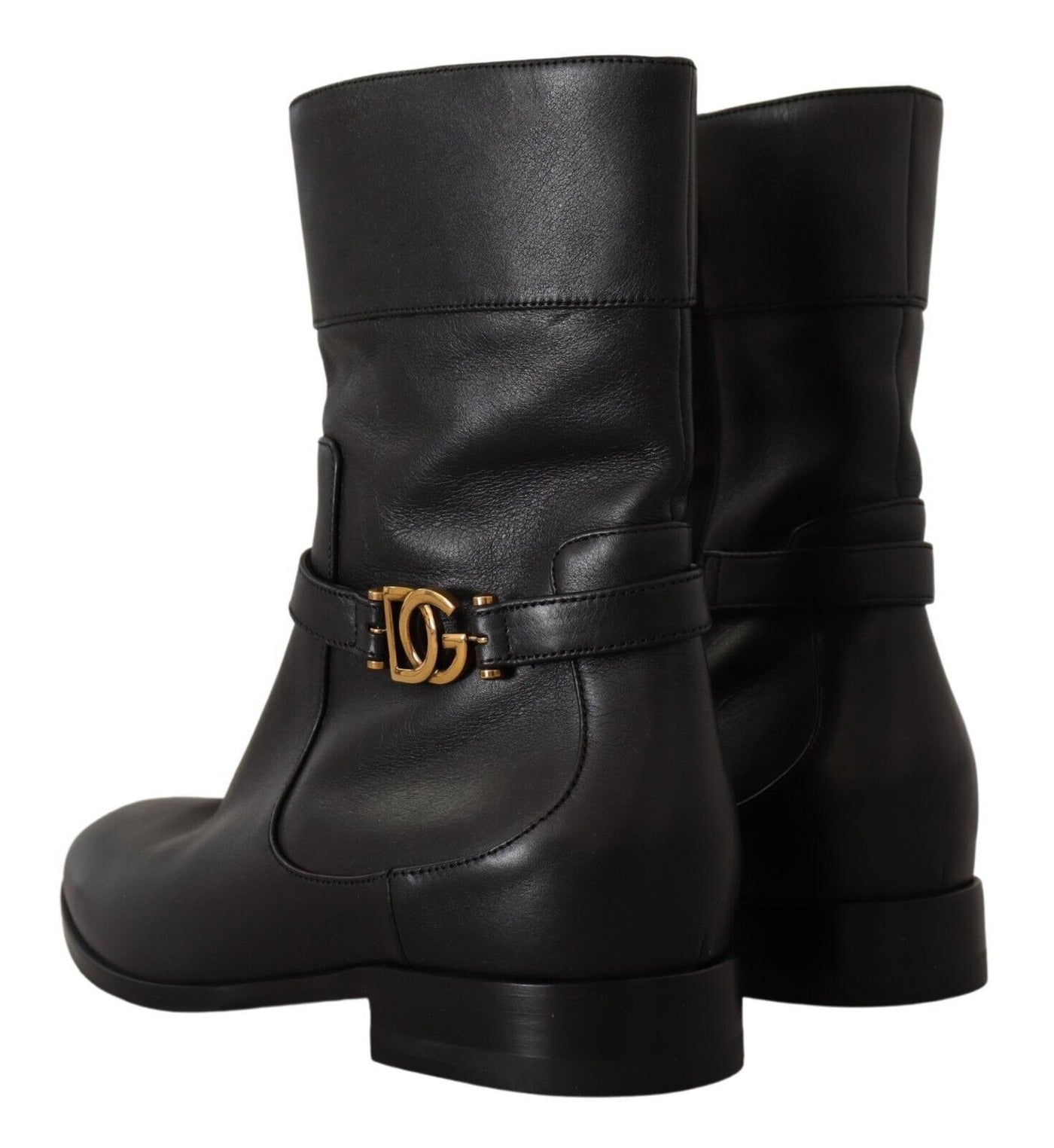 Dolce & Gabbana Schwarzes Leder Flats Logo Kurze Stiefel Schuhe
