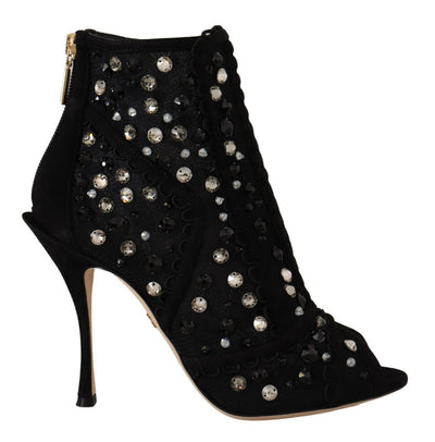 Dolce & Gabbana Schwarz Kristalle Heels Reißverschluss Kurze Stiefel Schuhe
