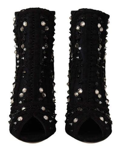 Dolce & Gabbana Schwarz Kristalle Heels Reißverschluss Kurze Stiefel Schuhe