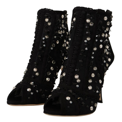Dolce & Gabbana Schwarz Kristalle Heels Reißverschluss Kurze Stiefel Schuhe
