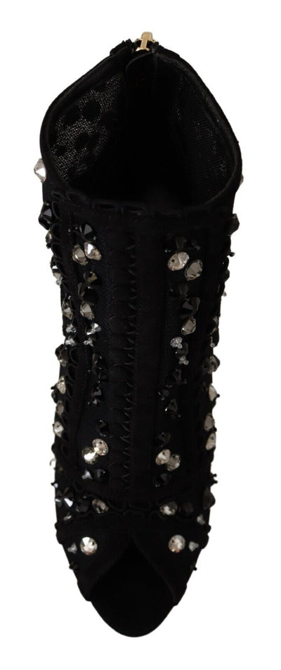 Dolce & Gabbana Schwarz Kristalle Heels Reißverschluss Kurze Stiefel Schuhe
