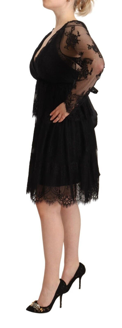 Aniye By Schwarzes florales Baumwoll-Spitzenkleid mit langen Ärmeln und V-Ausschnitt