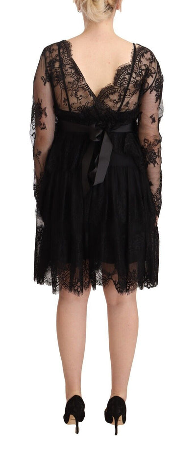 Aniye By Schwarzes florales Baumwoll-Spitzenkleid mit langen Ärmeln und V-Ausschnitt