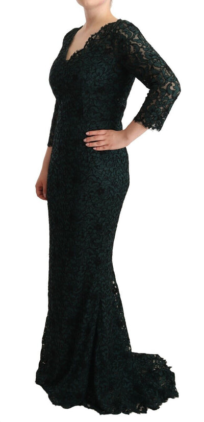 Dolce & Gabbana Grünes bodenlanges Maxikleid aus floraler Spitze
