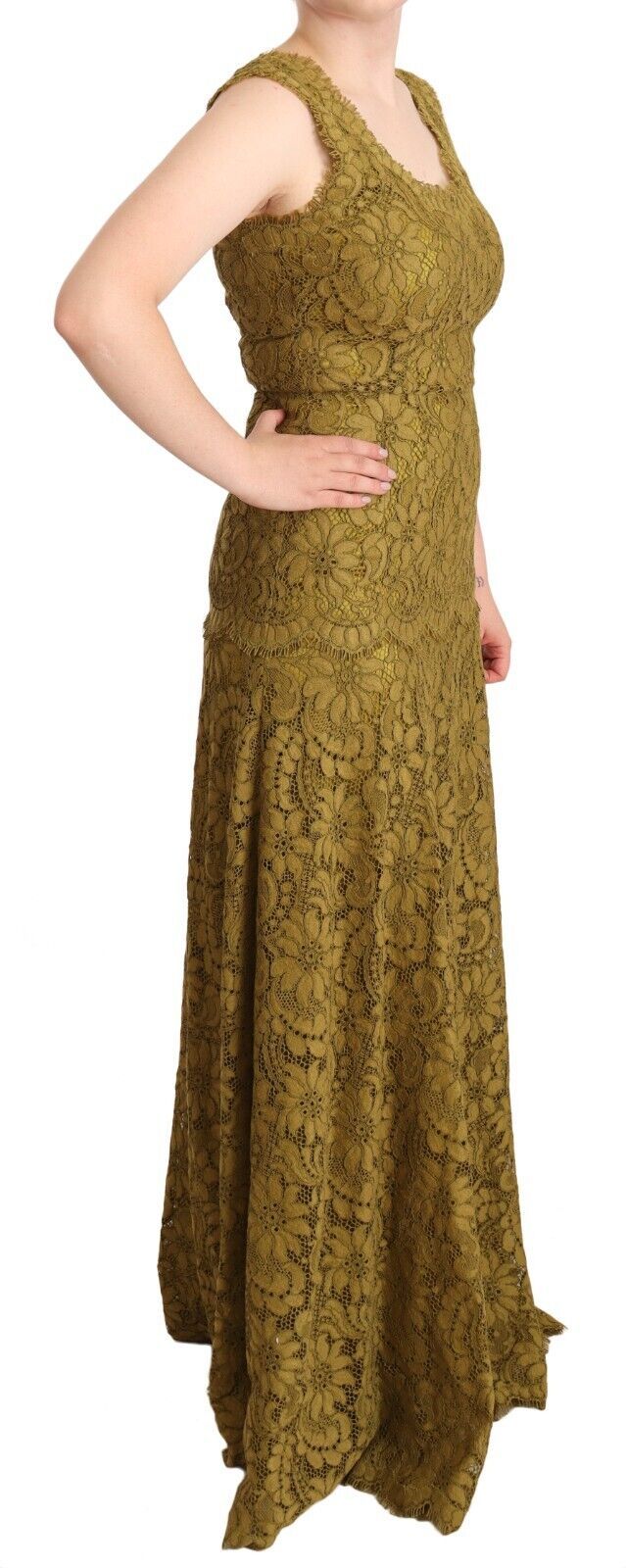 Dolce & Gabbana Braunes bodenlanges Maxikleid aus floraler Spitze