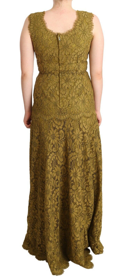 Dolce & Gabbana Braunes bodenlanges Maxikleid aus floraler Spitze
