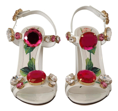 Dolce & Gabbana Weißes Leder Kristall Keira Heels Sandalen Schuhe